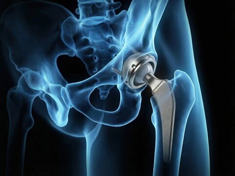 Input ingredient Medical 3D illustration of a total hip replacement implant. Translucent blue x-ray human skeleton with titanium joint prosthesis. AI generated