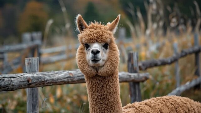 Young brown alpaca with fluffy fleece portrait near wooden fence autumn pasture calm expressive