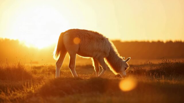 Alpaca grazing in golden grassland at sunset with warm backlight and peaceful glow
