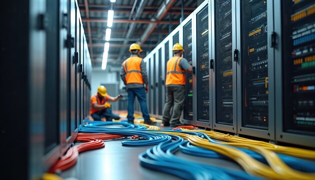 Workers in hard hats install servers in a data center. Technicians connect network cables, setting up IT infrastructure. Professionals build digital systems for computing power and data storage.