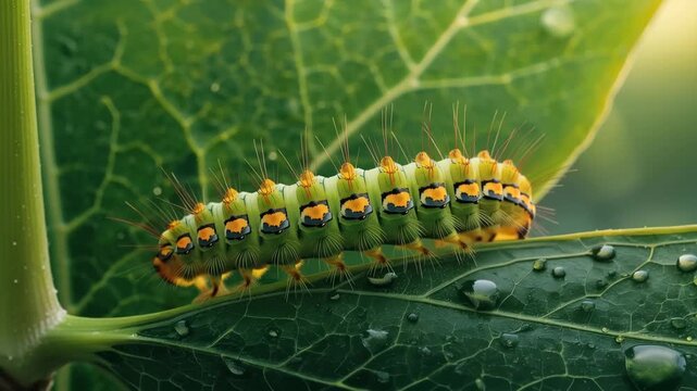 Green caterpillar close up macro wet leaf with green insect hairs and orange yellow black markings