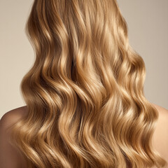 Naklejka premium Back view of a woman with long voluminous wavy blonde hair and healthy shiny texture. Professional beauty portrait for hair care, coloring, and salon advertising on beige background