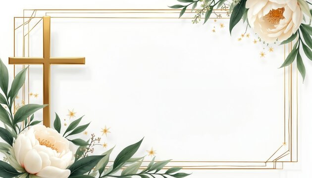 Elegant floral frame with golden cross and white peonies, perfect for invitations, cards, or wedding designs. Features botanical elements and a clean aesthetic.