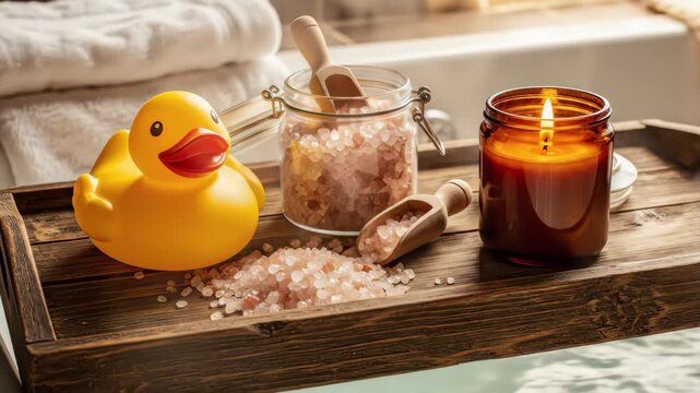 Relaxing Bath Time Essentials - Rubber Duck, Bath Salts, and Candle.