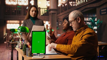 Fototapeta premium Focused diverse people studying in public library with green screen on pc, researching educational materials and reading. Using library resources for coursework and school exams.