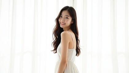 Naklejka premium Young Asian woman with long dark hair smiles gently. She wears a light camisole dress. Natural light illuminates her from behind sheer curtains. Clean indoor studio setting.