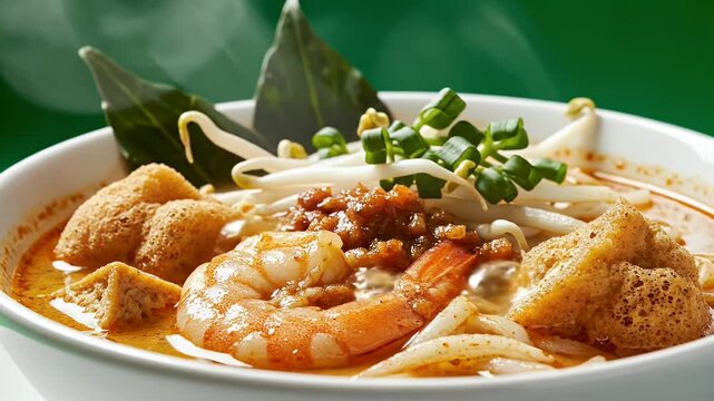 Ultra Detailed Cinematic Food Commercial Video of Peranakan Laksa with Prawns and Tofu Close Up in Soft Lighting on Green Background