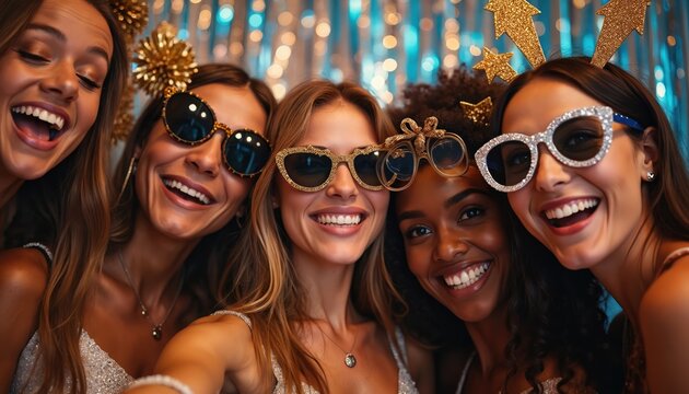 Five friends wear fun glasses for New Years Eve party photo booth. Women smile, laugh, and take selfie at glittering backdrop. Celebrate end of year together with friends.
