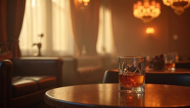 Glass of amber whiskey sits on wooden table in dimly lit, elegant lounge bar. Soft warm lights, plush chairs, and smoky atmosphere create a relaxed, sophisticated mood.