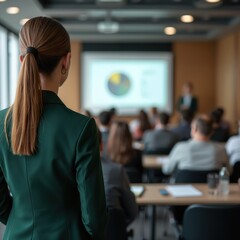Naklejka premium Woman in green suit presents data on screen to audience in conference room. Business professionals attend meeting, listen actively. Event focused on strategy and growth.