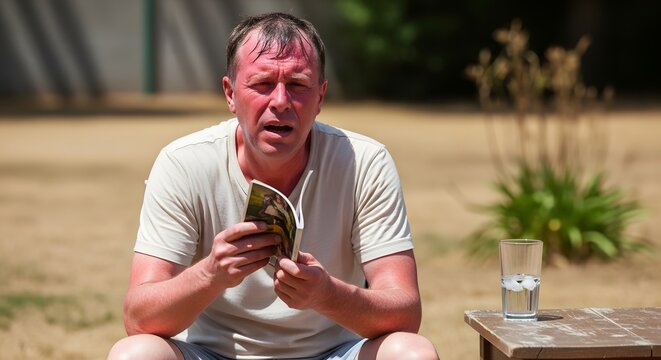 Man sweating heavily outdoors while reading a book and holding a drink in a glass