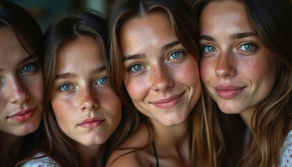 Obraz premium Four young women with blue eyes and freckles smile close together. They have long brown hair and share a natural youthful beauty. Friends look happy, sharing a candid moment of togetherness.
