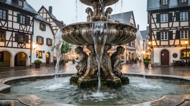 Beautiful Fountain in Historic European Town Square at Dusk.