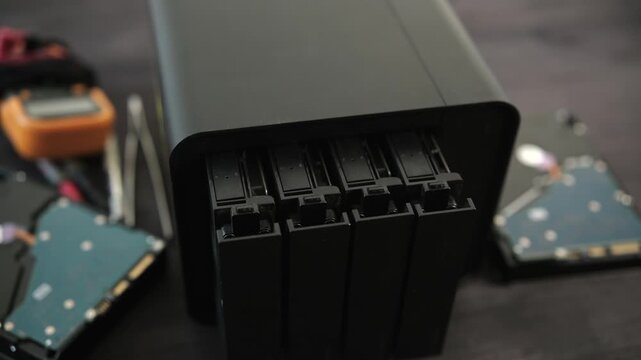 Four-Bay Nas Server With Open Drive Bays For Hard Disk Installation And Home Data Storage On A Table