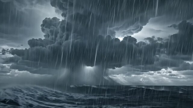 Dramatic Ocean Storm with Heavy Rain and Dark Clouds.