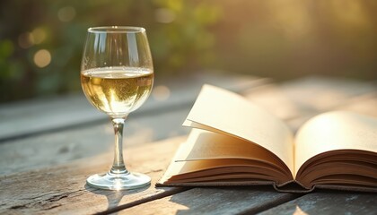 Obraz premium Glass of white wine sits on rustic wooden table beside open book, bathed in warm sunlight. Offers scene of peaceful relaxation, leisure, perfect for stories about reading, quiet afternoons, enjoyable