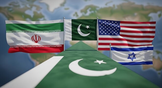 Flags of Iran, Pakistan, USA, and Israel waving in the wind