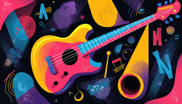 Abstract illustration of guitar with geometric shapes and musical notes. Vibrant colors and modern design elements create energetic visual appeal. This artwork represents music and creativity.