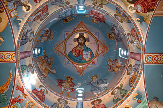 Jesus Christ Pantocrator fresco on dome of Agios Nikolaos (St. Nicholas) church. Protaras, Cyprus