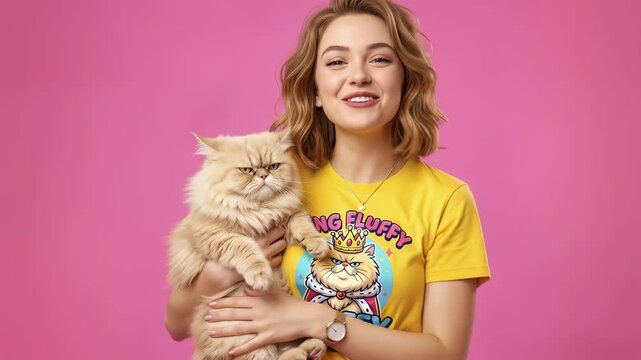 Cheerful young blonde woman smiling and petting a fluffy grumpy Persian cat while wearing a King Fluffy graphic yellow t-shirt against a vibrant pink studio background.