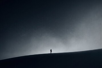 Fototapeta premium Solitary figure standing on abstract horizon captured in a surreal landscape illuminated by ethereal light reflecting the essence of solitude and introspection