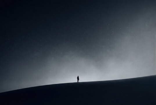 Solitary figure standing on abstract horizon captured in a surreal landscape illuminated by ethereal light reflecting the essence of solitude and introspection