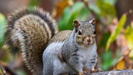 Fototapeta premium Close-up wild squirrel portrait in forest with fluffy tail for wildlife background and nature banner