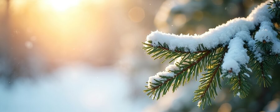 Close up of evergreen branch covered with fresh snow. Soft winter sun light shines through frosty needles. Snowy field blurred in background.