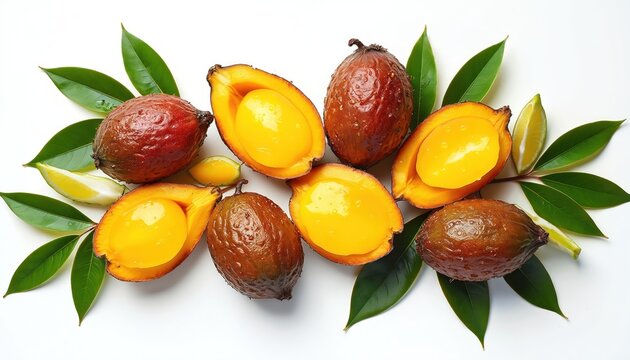 Several whole and halved aguaje fruits with vibrant yellow pulp arranged with green leaves and lime slices on a white surface. The fruit has rich brown red skin showing water droplets.