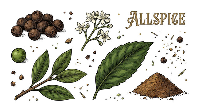 Vintage Hand-Drawn Allspice Botanical Illustration Set with Dried Berries, Ground Powder, Green Leaves, and Flowers