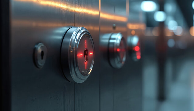 Close up shot of modern elevator control panel with glowing red button lights. Metallic door panel has keyhole and circular buttons arranged in row.