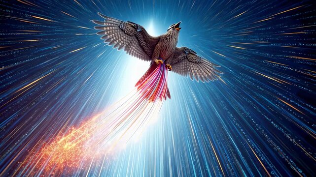 Futuristic falcon soaring through a high-speed digital data tunnel with glowing blue light trails and fiery energy, cinematic animation representing speed, technology and power.
