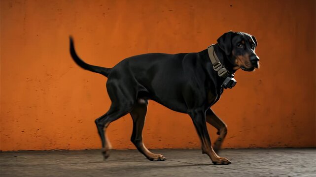Alert Doberman Pinscher wearing a smart tactical collar with a camera gets up to patrol after a security alert notification on a smartphone screen against an orange wall.