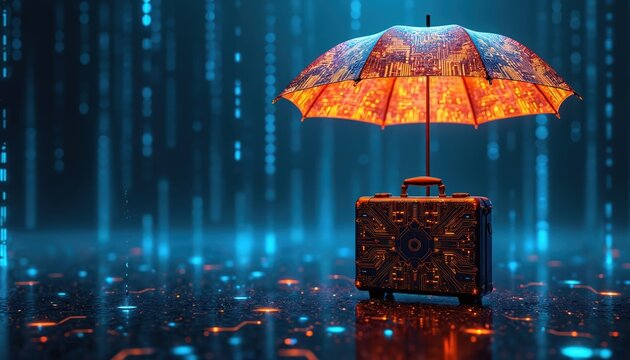 Digital umbrella covers circuit board suitcase on wet floor with abstract blue light streaks background. Concept of data protection and tech security.
