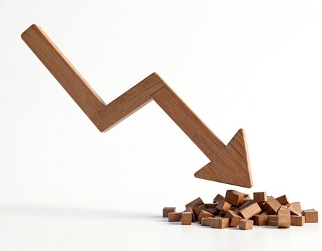 Wooden arrow points down on pile of cubes. Symbolizes financial decline, market crash, or economic downturn. Represents negative trend and loss of value.