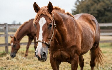 Fototapeta premium Brown horse with white blaze stands alert others graze in background