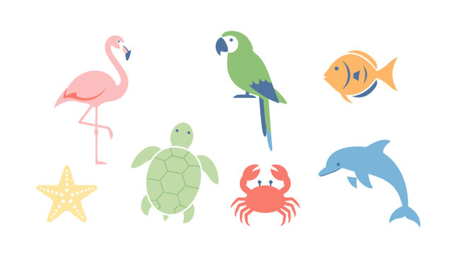 A colorful icon set of ocean creatures and a starfish on a white background