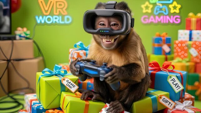 Excited capuchin monkey wearing a VR headset and holding a gaming controller while sitting on a pile of colorful Christmas or birthday gifts in a bright, festive neon-lit room.