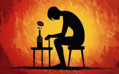 Fototapeta premium Silhouette of a person in distress at a table with a flower and