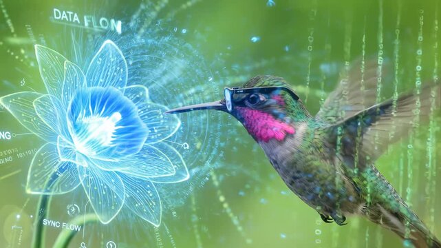 Hummingbird with glasses interacting with a glowing holographic digital flower, symbolizing data synchronization and futuristic technology in a surreal green nature setting.