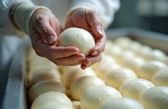 Hands shape fresh mozzarella cheese balls in dairy production. Closeup view of creamy white dairy product being made, ready for sale. Food background with artisan cheese spheres.