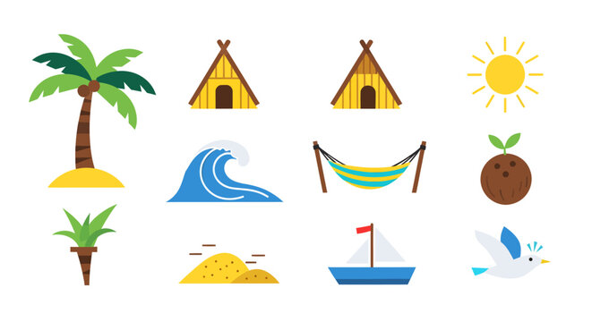 A vibrant icon set depicting a serene beach scene with palm trees and huts.