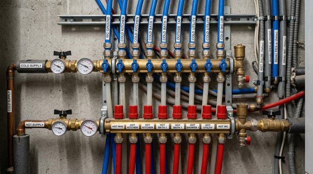 Intricate plumbing system closeup showcasing a modern cold and hot water distribution manifold with multiple pipes, valves, and pressure gauges for efficient heating and cooling regulation