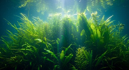 Fototapeta premium Vibrant Green Aquatic Plants in Freshwater Lake Underwater View with Magical Sun Rays and Sparkling Water Particles