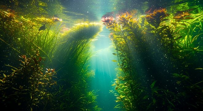 Stunning Underwater Landscape of Dense Water Weeds and Sunbeams Beaming Through Clear Surface of a Tropical Pond