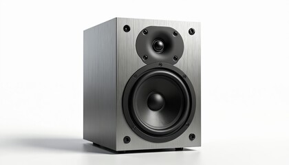 Fototapeta premium Modern audio speaker with woofer and tweeter sits on white surface. Brushed metal finish on speaker box, studio quality sound equipment for home theater or music production.