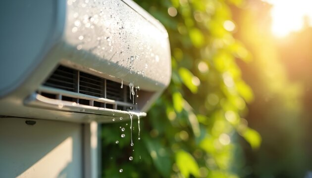 Outdoor air conditioner unit leaks water drops on a sunny day. Summer heat causes condensation dripping from appliance. Need for repair or maintenance.