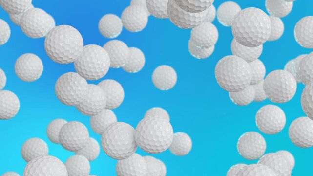 White golf balls falling downward on blue background in seamless loop. Clean sports animation for golf and recreation concepts.