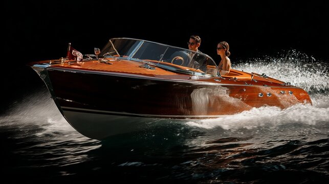 Wooden boat speeds on dark water. Luxurious, powerful motorboat carries man and woman.