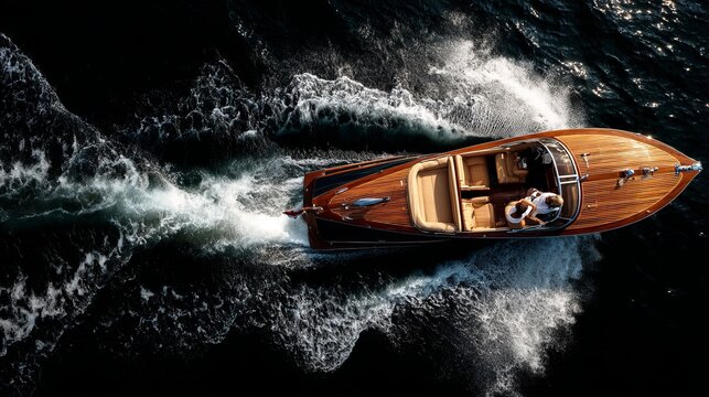 Wooden boat speeds on dark water. Luxurious, powerful motorboat carries man and woman.